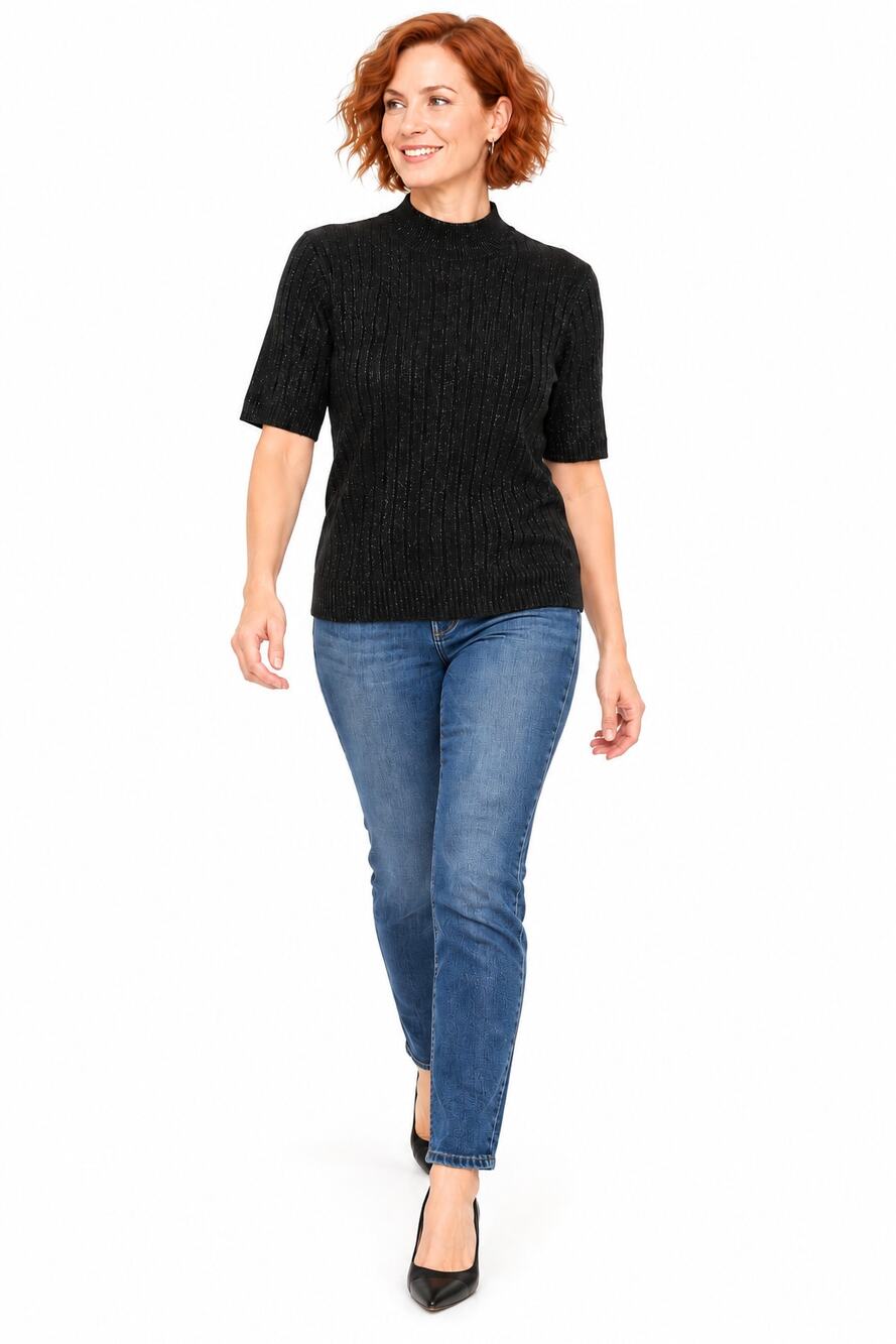V156 Sag Harbor Petite Large Black Metallic Ribbed Mock Neck Short Sleeve Top